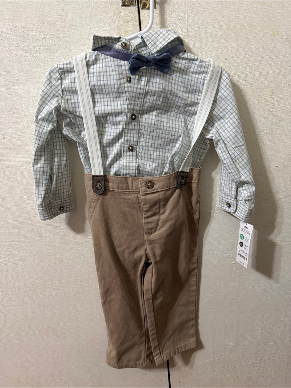 Classic Boys' Khaki Suspender Outfit with Green Plaid Shirt and Bow Tie